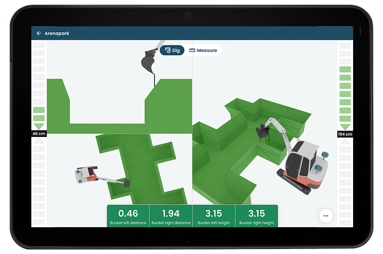 Easy to Use Machine Control, Tablet screen displaying a 3D excavation control system with multiple views of an excavator digging a trench, showing bucket positioning and distance measurements. Interface includes real-time depth indicators and options for measuring and digging
