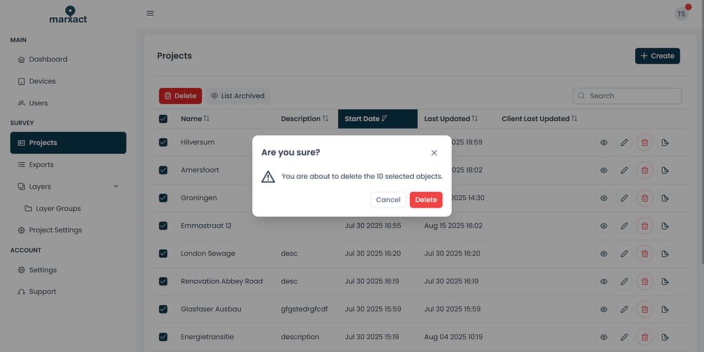 Delete multiple projects in marXact's UNI-Cloud